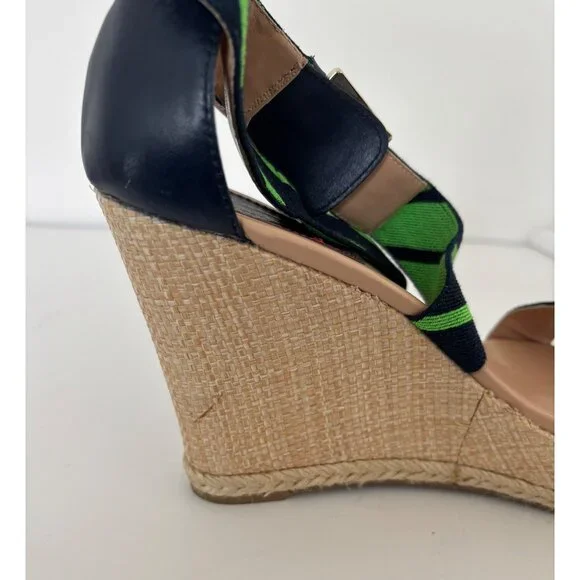 Tommy Hilfiger Sandals 10 Wedge Navy Green Striped Espadrille Preppy Nautical - Picture 4 of 16